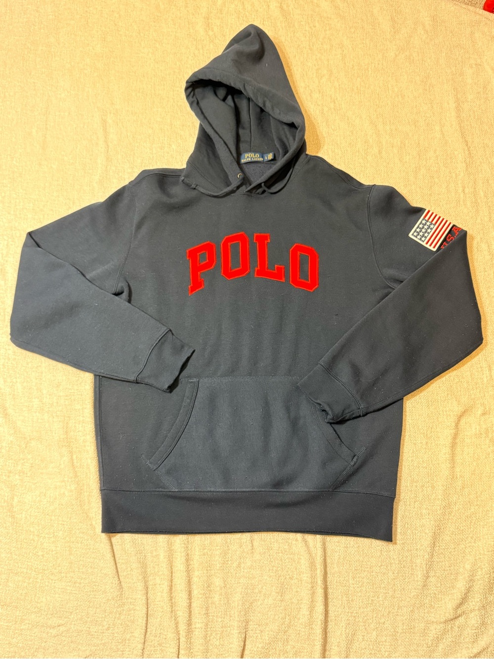 Polo Ralph Lauren USA Flag Hoodie L Black Red Spellout Varsity Streetwear